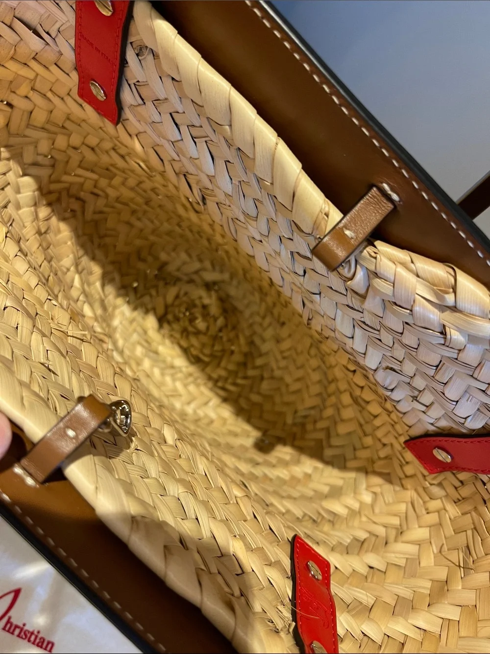 Christian Louboutin Tan & Natural Woven Straw Tote with Red-Trim Handles - Picture 4 of 8